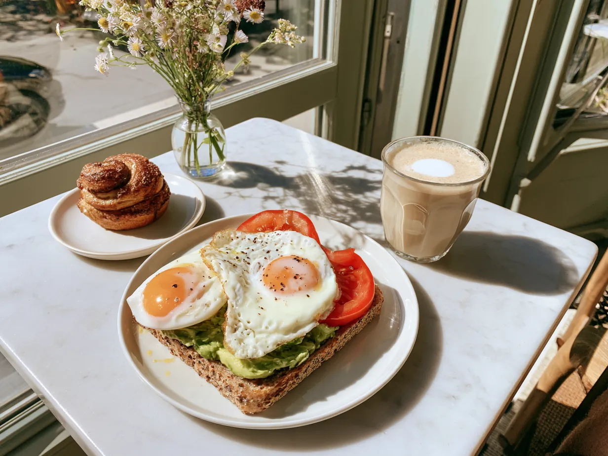 Kafébord i solljus med avokadomacka, stekta ägg, en kanelbulle och en latte