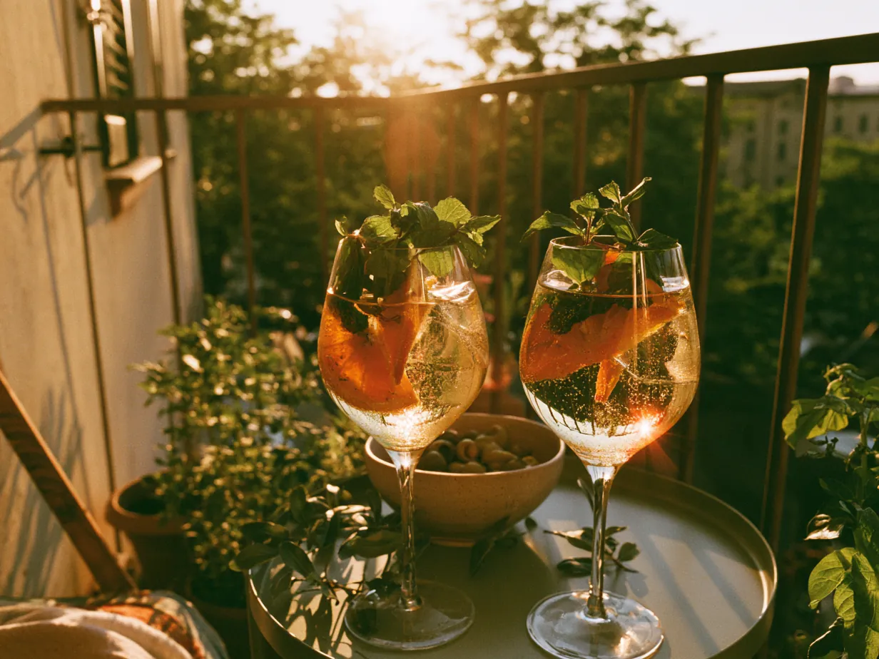 Två glas alkoholfri spritz med apelsin och mynta på en solig balkong