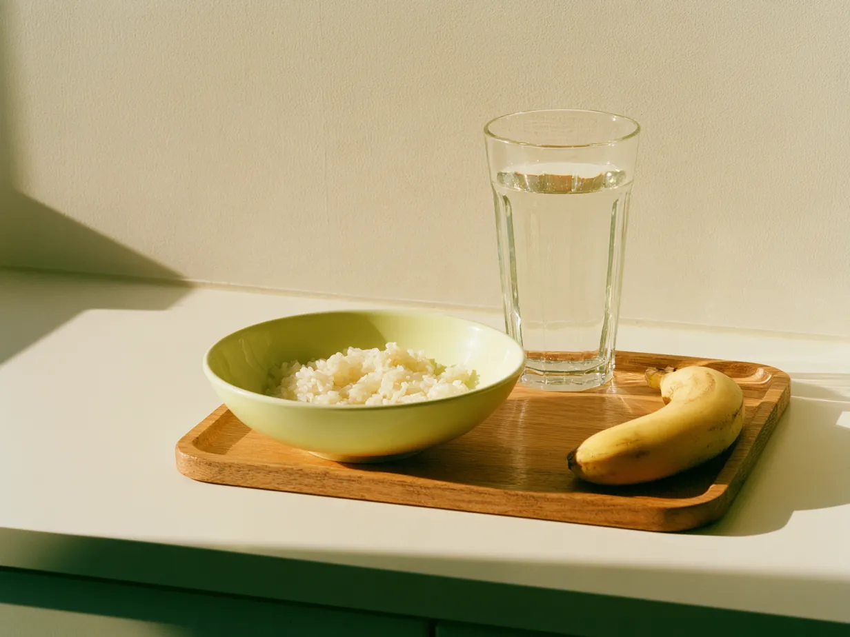 Bricka med ett glas vatten, en skål ris och en banan
