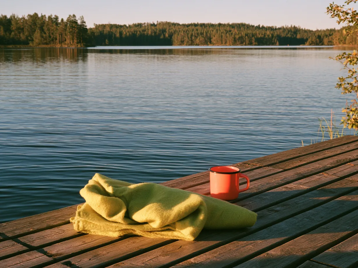 Brygga vid en stilla sjö med en filt och en emaljmugg på plankorna
