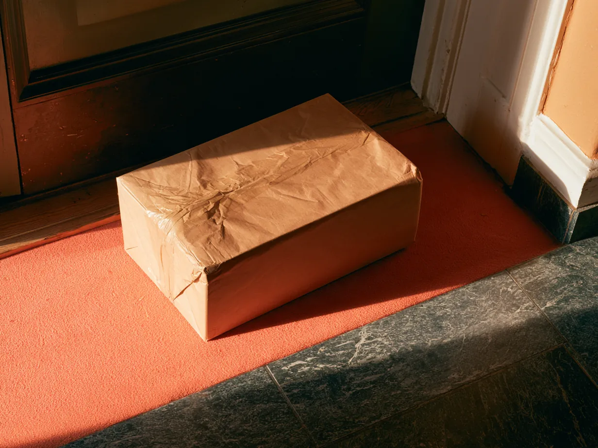 Omärkt paket på en korallröd dörrmatta i ett trapphus