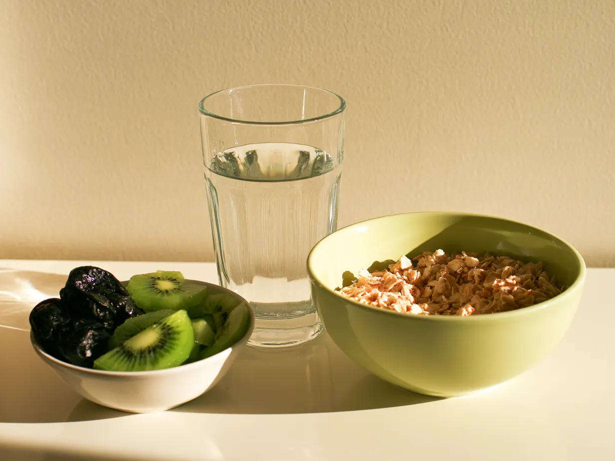 Ett glas vatten, katrinplommon, kiwi och havregryn på ett köksbord