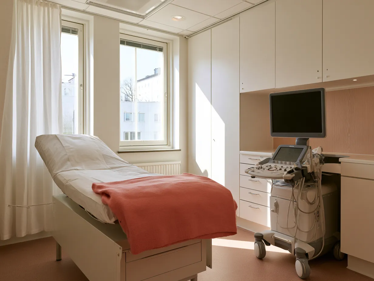 Tomt ultraljudsrum på en ljus klinik med en korallröd filt på britsen