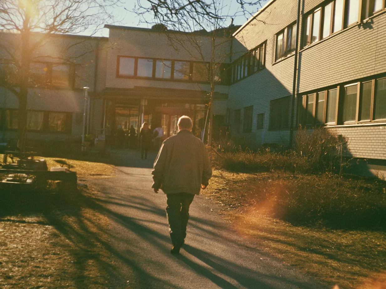 Man går mot entrén till en vårdcentral en solig morgon