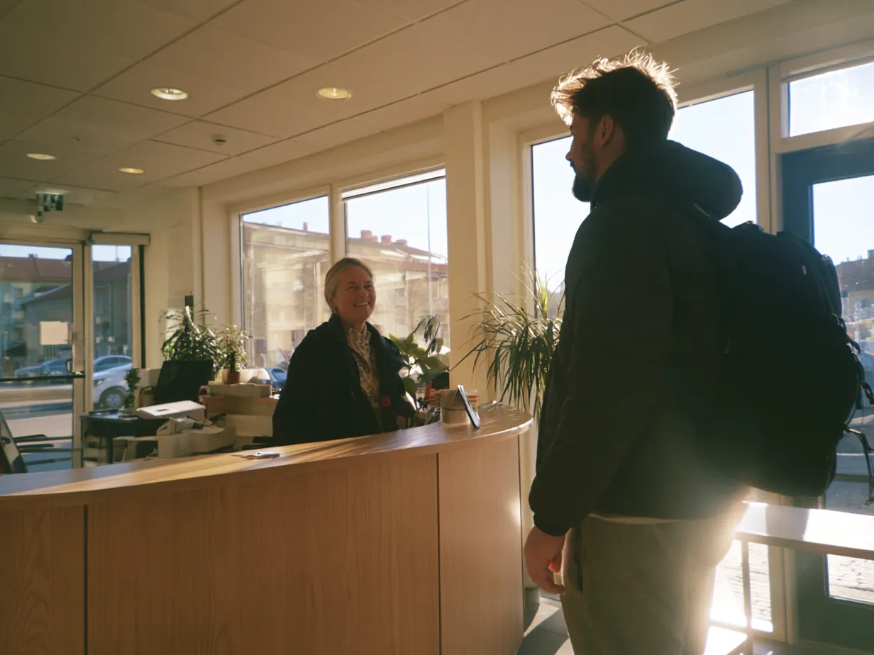 En receptionist tar emot en patient i receptionen på en ljus klinik