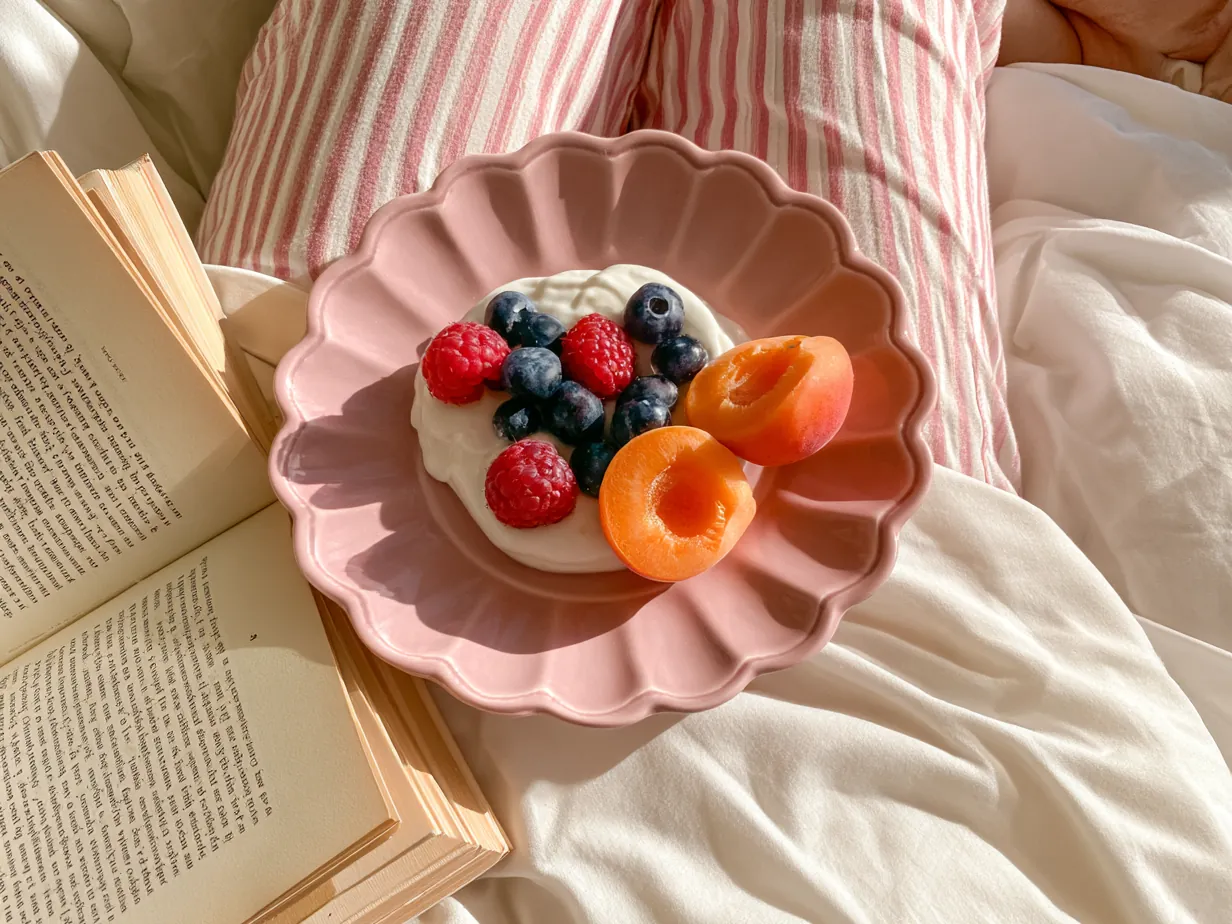 Liten tallrik med yoghurt, bär och aprikoser i knät i sängen en morgon