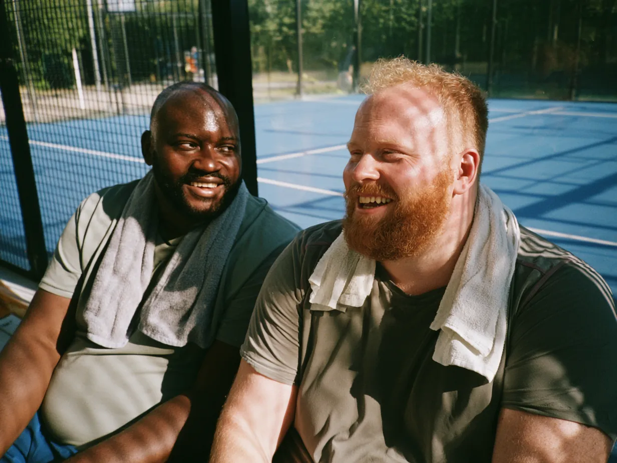 Två män sitter på en bänk vid en padelbana efter en match