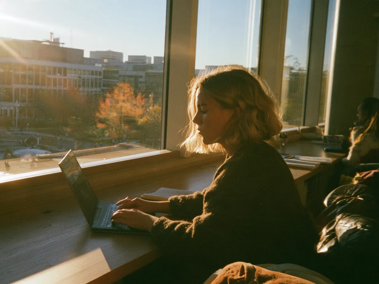 Kvinna läser på en dator i ett ljust bibliotek