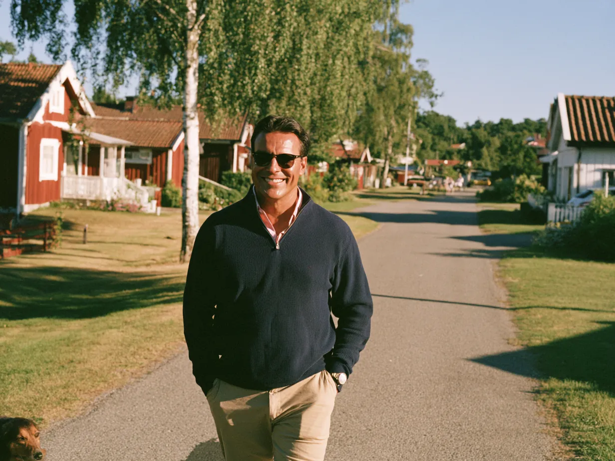 Man i 50-årsåldern promenerar längs en lugn villagata