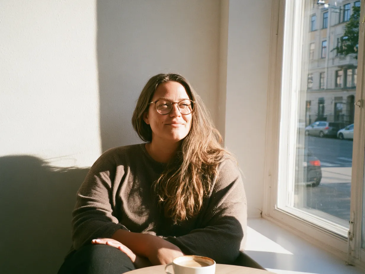 Kvinna sitter vid ett fönsterbord på ett ljust kafé