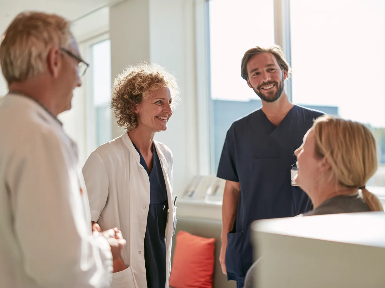 Läkare och sjuksköterska välkomnar en patient i en ljus klinikreception