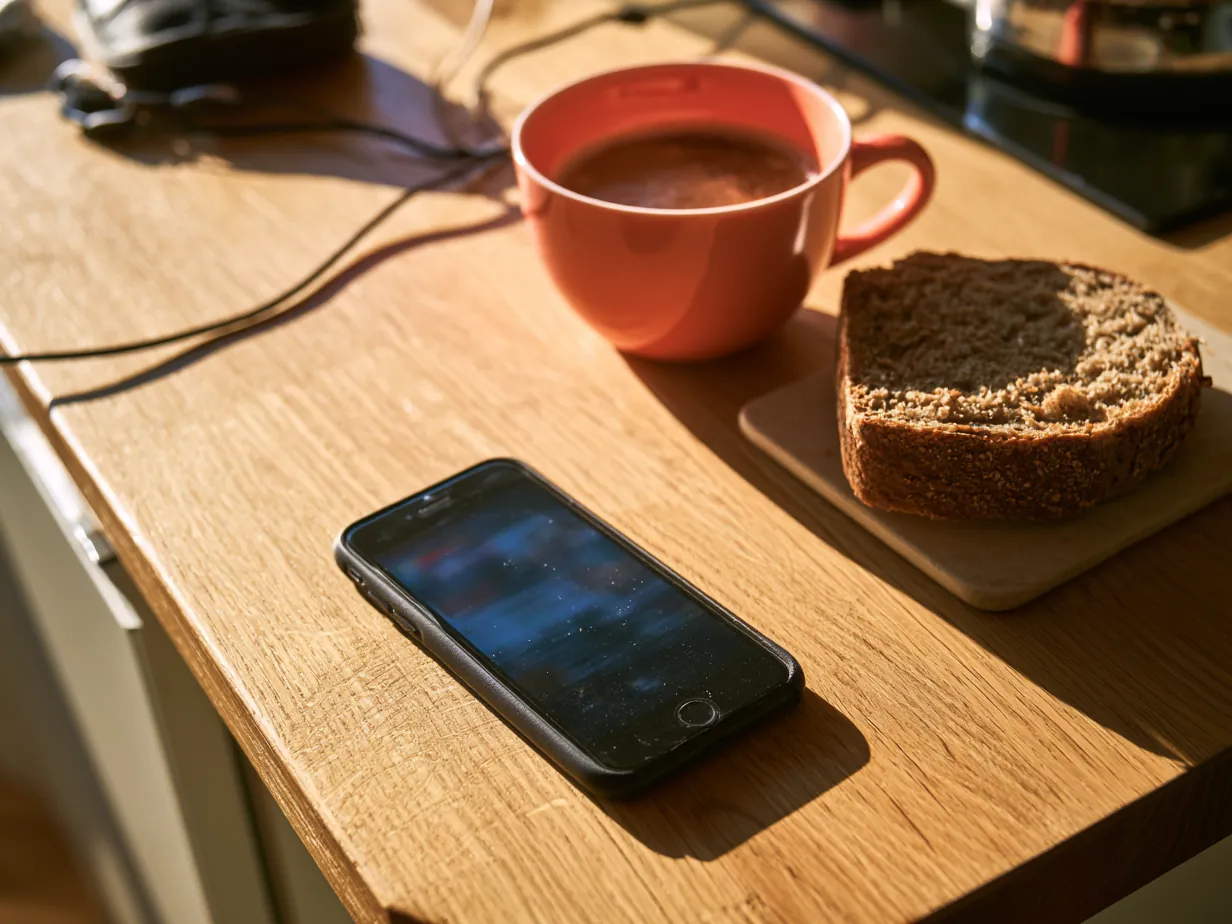 Mobiltelefon på ett köksbord bredvid kaffe och en skiva rågbröd