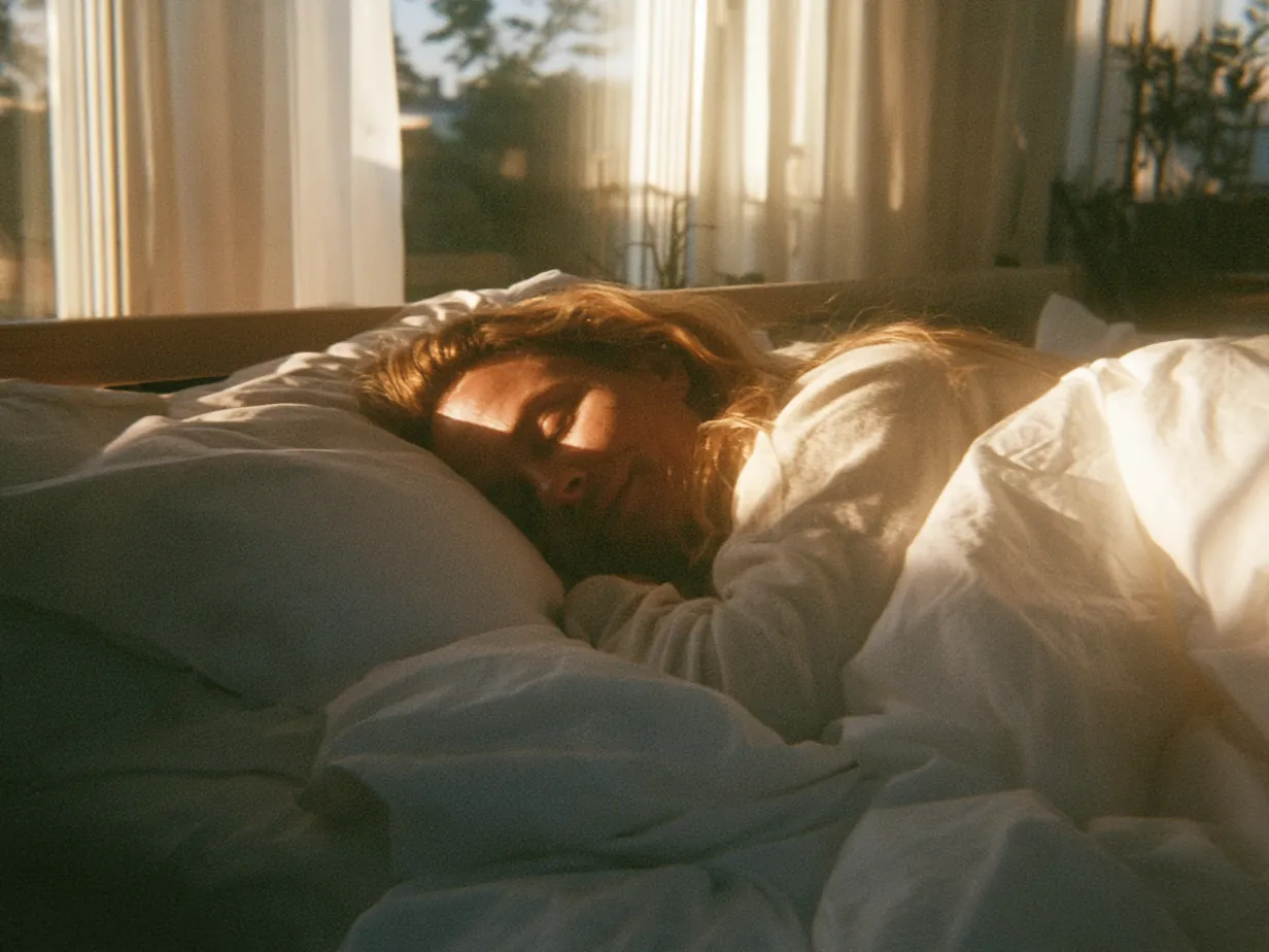 Kvinna sover lugnt i en säng med vita lakan i morgonsol