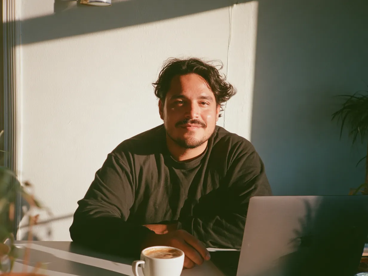 Man sitter vid köksbordet med en dator en ljus morgon