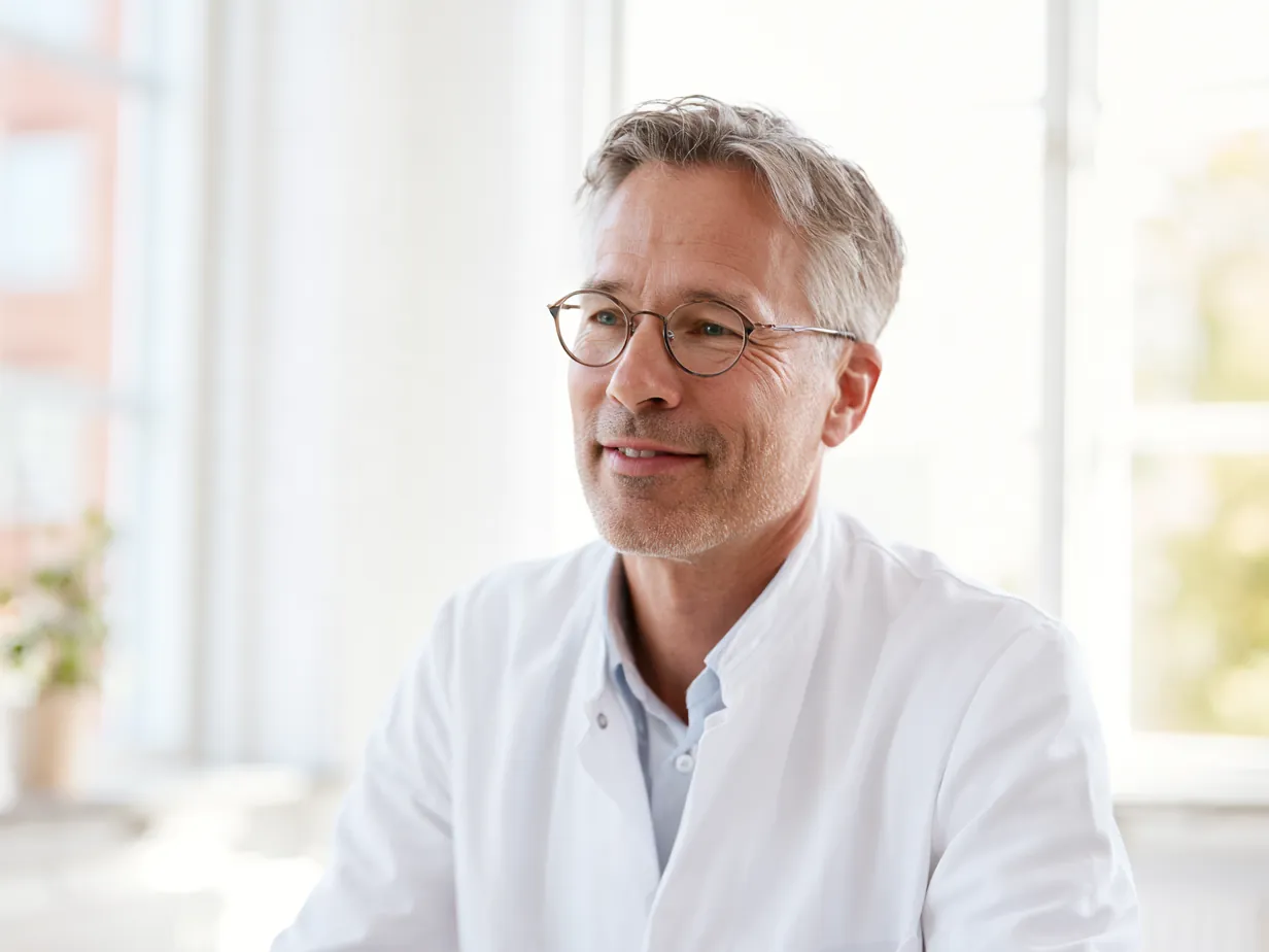 Läkare lyssnar med ett vänligt leende i ett ljust mottagningsrum