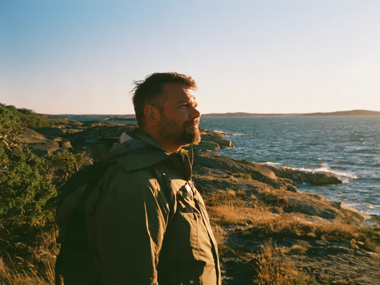 Man står stilla på en kustled och blickar ut över havet