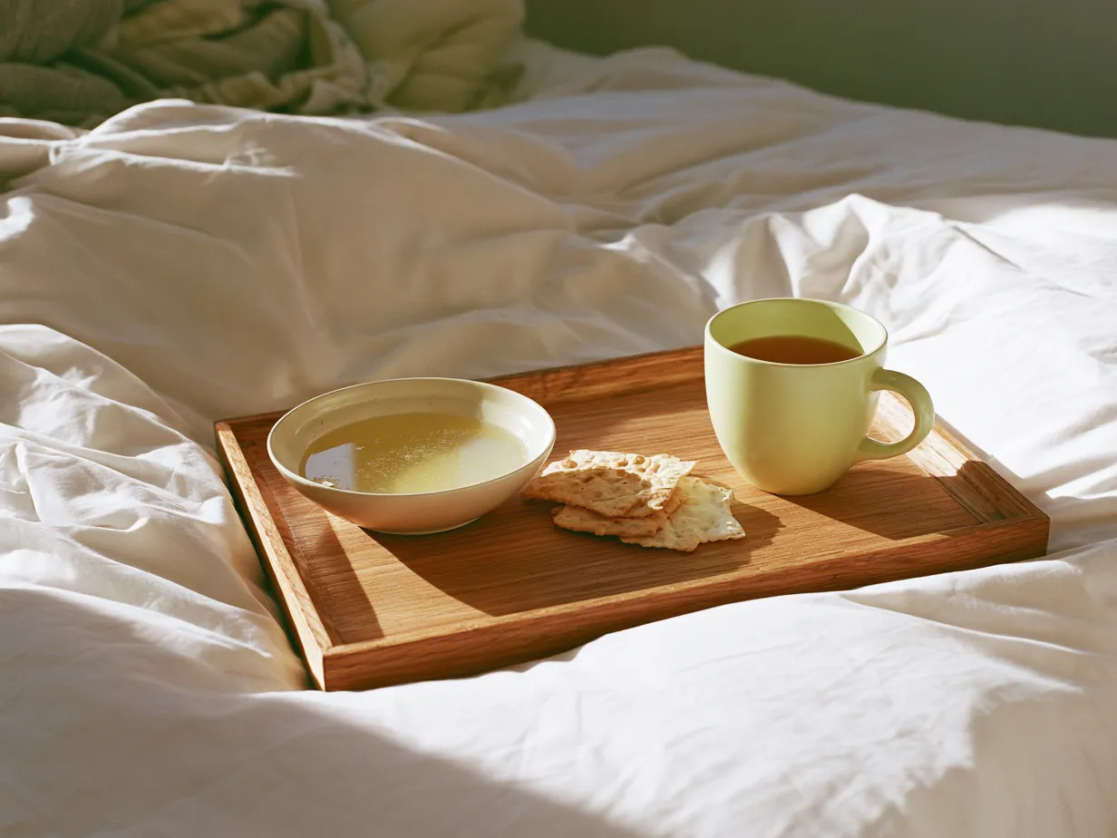 Frukostbricka med buljong, kex och te på en säng i morgonsol