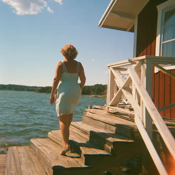 En kvinna i sommarklänning går uppför trappan från en brygga vid havet