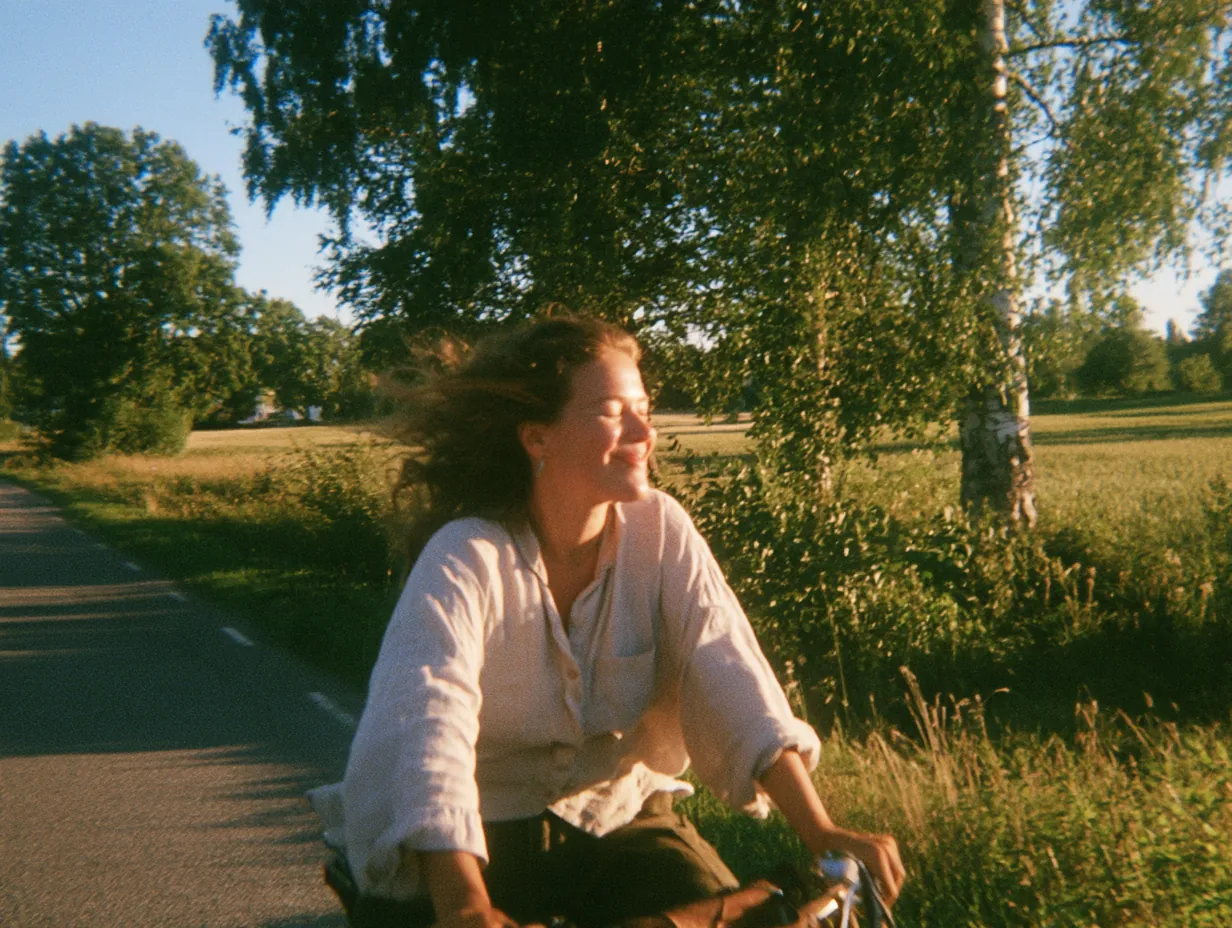 En glad kvinna cyklar längs en landsväg en sommarkväll med håret fladdrande i vinden