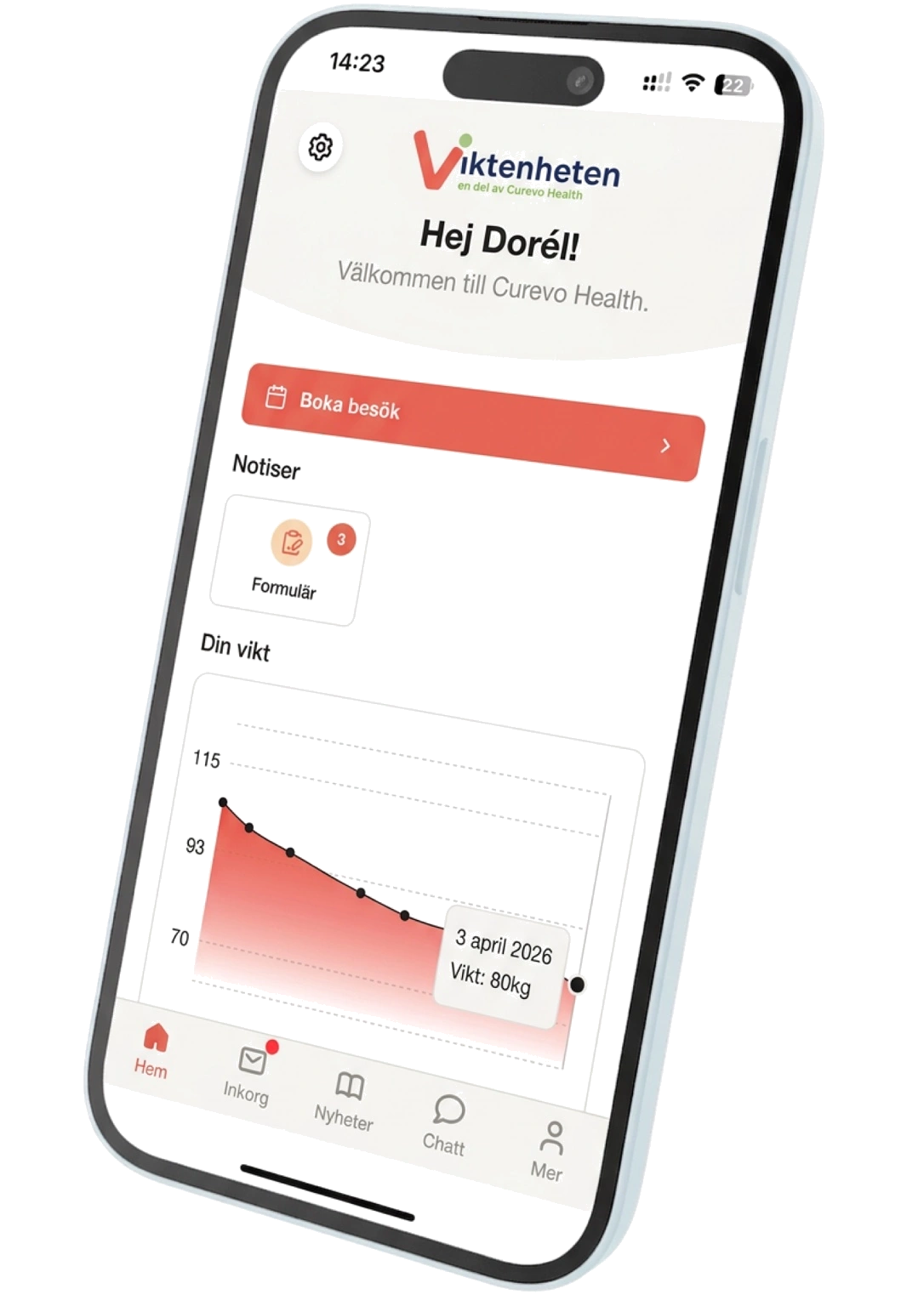 Viktenheten-appen – patientöversikt med viktgraf och bokning